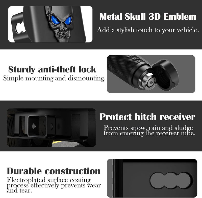 OGYE Metal Skull 3D Emblem Hitch Cover Fits 2" Receivers(with 5/8" Pin Dia Anti-Theft Trailer Hitch Lock,Blue Eye) - Image 3